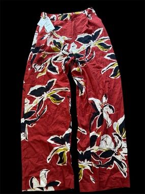 Zara cotton linen Red Floral Wide-Leg Pants size S brand new